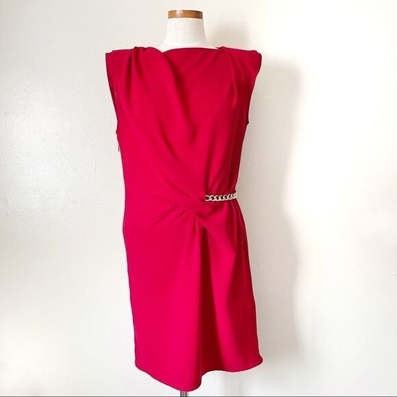 The Kooples Red Sleeveless draped Dress with Epaulettes and Chain detail sz 3 - Picture 2 of 9